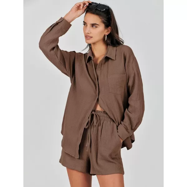 imageANRABESS 2 Piece Outfits For Women Linen Sets Long Sleeve Button Down Oversized Shirts Lounge Matching Short SetsBrown