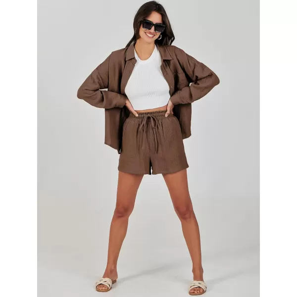imageANRABESS 2 Piece Outfits For Women Linen Sets Long Sleeve Button Down Oversized Shirts Lounge Matching Short SetsBrown