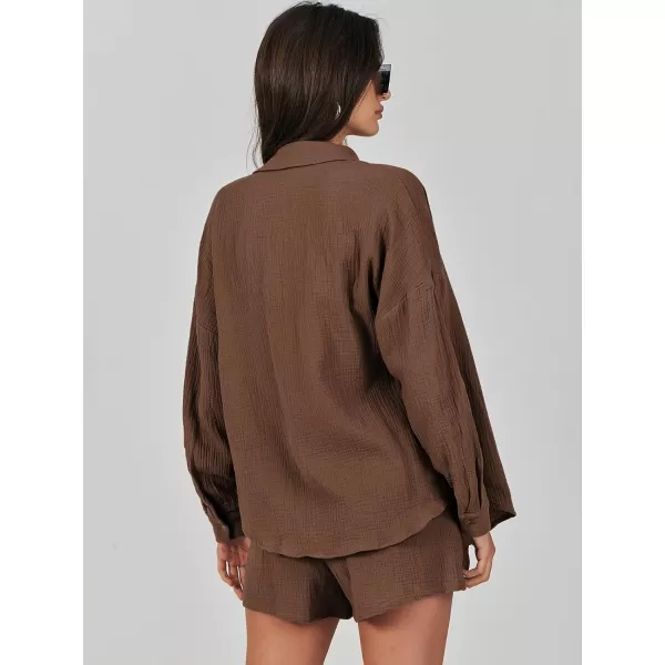 imageANRABESS 2 Piece Outfits For Women Linen Sets Long Sleeve Button Down Oversized Shirts Lounge Matching Short SetsBrown
