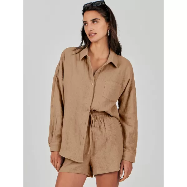 imageANRABESS 2 Piece Outfits For Women Linen Sets Long Sleeve Button Down Oversized Shirts Lounge Matching Short SetsCamel