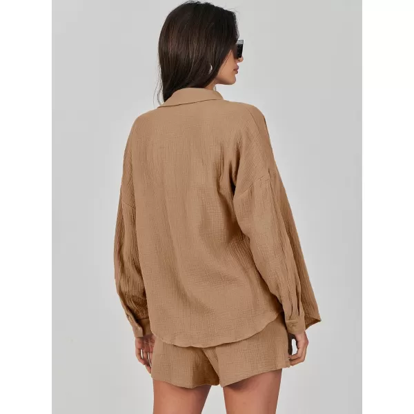 imageANRABESS 2 Piece Outfits For Women Linen Sets Long Sleeve Button Down Oversized Shirts Lounge Matching Short SetsCamel