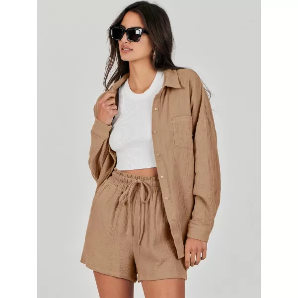 imageANRABESS 2 Piece Outfits For Women Linen Sets Long Sleeve Button Down Oversized Shirts Lounge Matching Short SetsCamel