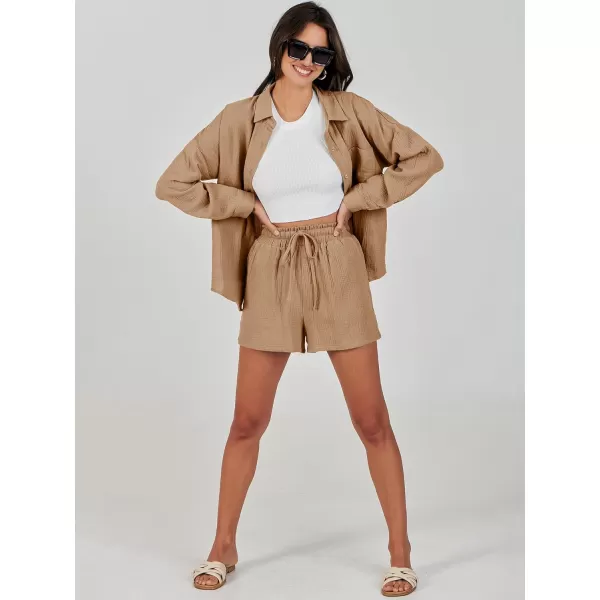 imageANRABESS 2 Piece Outfits For Women Linen Sets Long Sleeve Button Down Oversized Shirts Lounge Matching Short SetsCamel