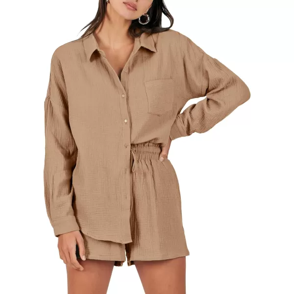 imageANRABESS 2 Piece Outfits For Women Linen Sets Long Sleeve Button Down Oversized Shirts Lounge Matching Short SetsCamel