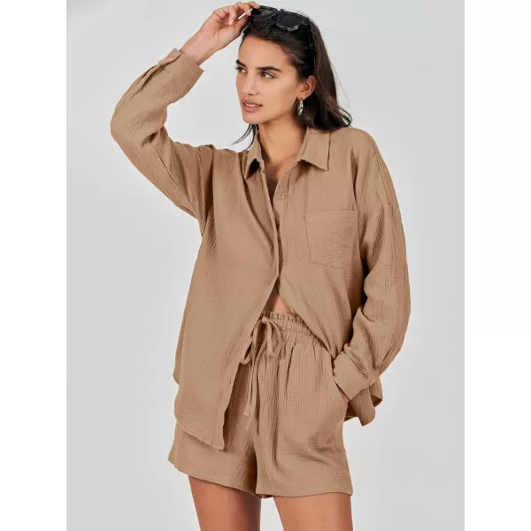 imageANRABESS 2 Piece Outfits For Women Linen Sets Long Sleeve Button Down Oversized Shirts Lounge Matching Short SetsCamel