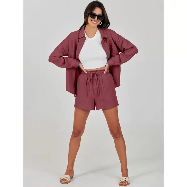 imageANRABESS 2 Piece Outfits For Women Linen Sets Long Sleeve Button Down Oversized Shirts Lounge Matching Short SetsFuchsia