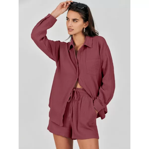 imageANRABESS 2 Piece Outfits For Women Linen Sets Long Sleeve Button Down Oversized Shirts Lounge Matching Short SetsFuchsia