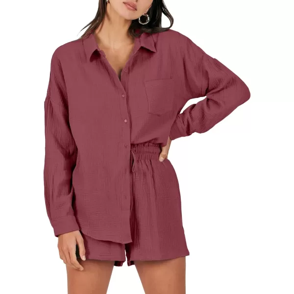 imageANRABESS 2 Piece Outfits For Women Linen Sets Long Sleeve Button Down Oversized Shirts Lounge Matching Short SetsFuchsia