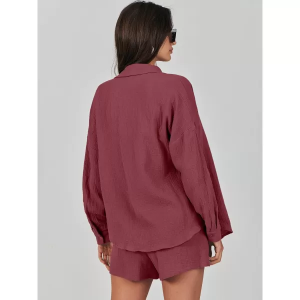 imageANRABESS 2 Piece Outfits For Women Linen Sets Long Sleeve Button Down Oversized Shirts Lounge Matching Short SetsFuchsia