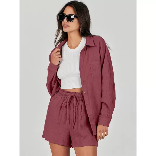 imageANRABESS 2 Piece Outfits For Women Linen Sets Long Sleeve Button Down Oversized Shirts Lounge Matching Short SetsFuchsia