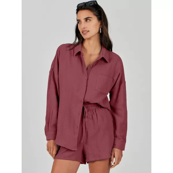 imageANRABESS 2 Piece Outfits For Women Linen Sets Long Sleeve Button Down Oversized Shirts Lounge Matching Short SetsFuchsia