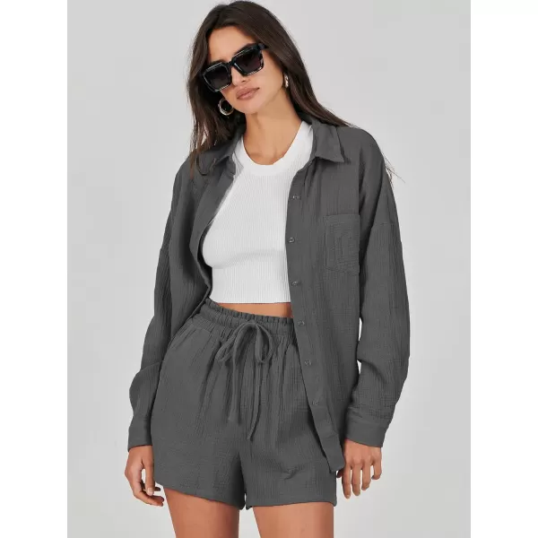 imageANRABESS 2 Piece Outfits For Women Linen Sets Long Sleeve Button Down Oversized Shirts Lounge Matching Short SetsGray