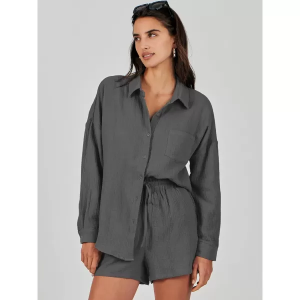 imageANRABESS 2 Piece Outfits For Women Linen Sets Long Sleeve Button Down Oversized Shirts Lounge Matching Short SetsGray