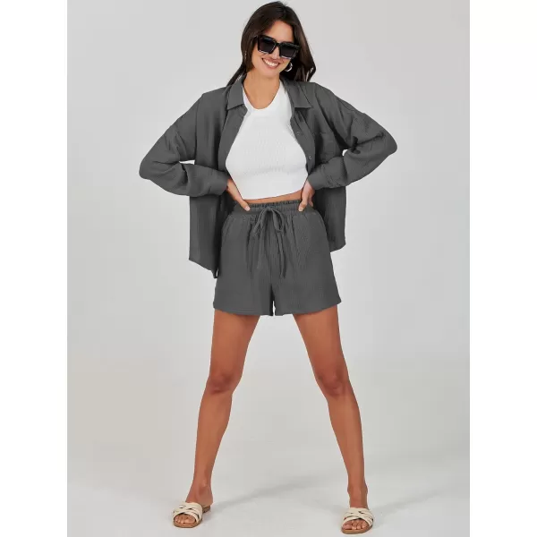 imageANRABESS 2 Piece Outfits For Women Linen Sets Long Sleeve Button Down Oversized Shirts Lounge Matching Short SetsGray