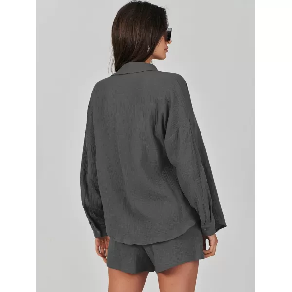 imageANRABESS 2 Piece Outfits For Women Linen Sets Long Sleeve Button Down Oversized Shirts Lounge Matching Short SetsGray