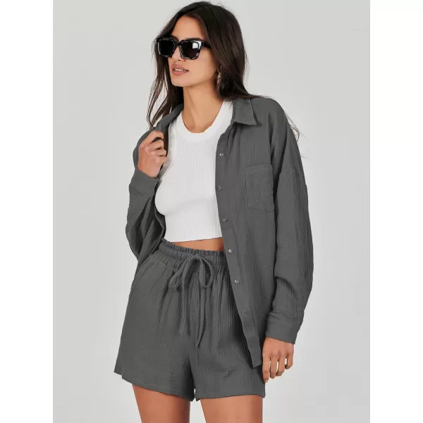 imageANRABESS 2 Piece Outfits For Women Linen Sets Long Sleeve Button Down Oversized Shirts Lounge Matching Short SetsGray