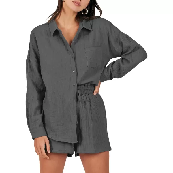 imageANRABESS 2 Piece Outfits For Women Linen Sets Long Sleeve Button Down Oversized Shirts Lounge Matching Short SetsGray