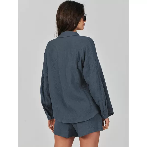 imageANRABESS 2 Piece Outfits For Women Linen Sets Long Sleeve Button Down Oversized Shirts Lounge Matching Short SetsGray Blue