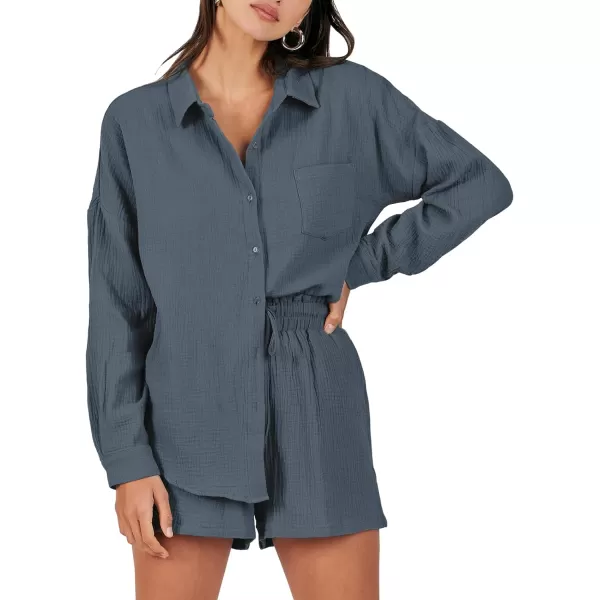 imageANRABESS 2 Piece Outfits For Women Linen Sets Long Sleeve Button Down Oversized Shirts Lounge Matching Short SetsGray Blue