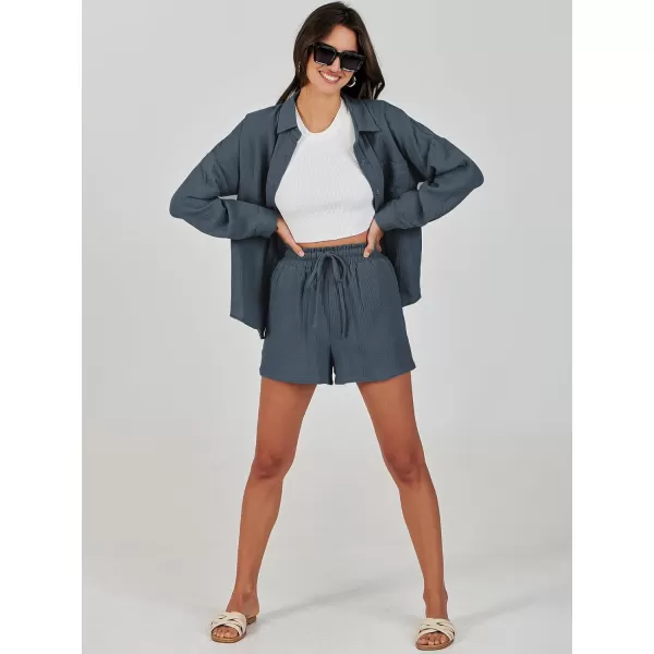 imageANRABESS 2 Piece Outfits For Women Linen Sets Long Sleeve Button Down Oversized Shirts Lounge Matching Short SetsGray Blue