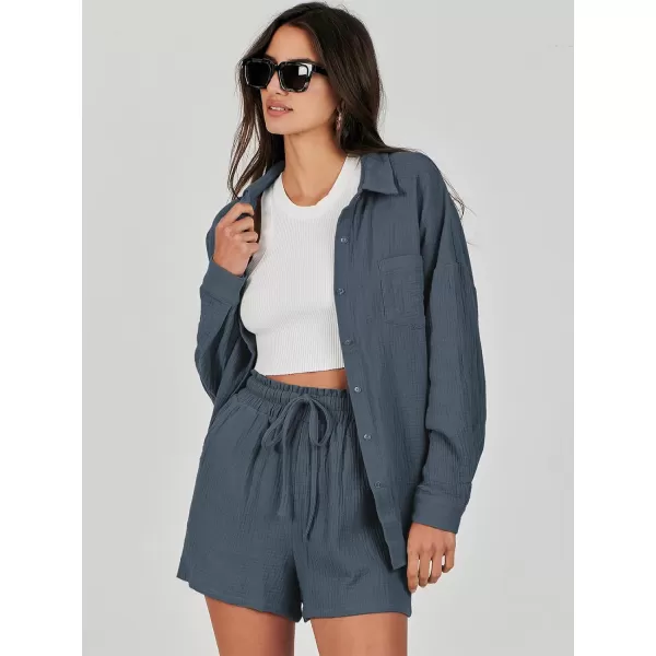 imageANRABESS 2 Piece Outfits For Women Linen Sets Long Sleeve Button Down Oversized Shirts Lounge Matching Short SetsGray Blue