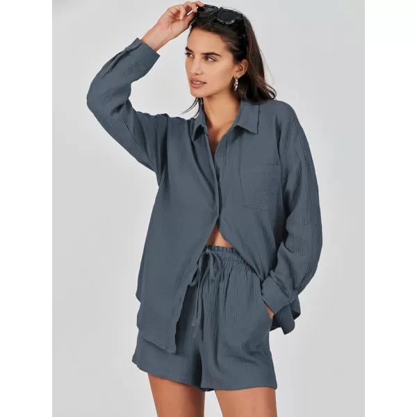 imageANRABESS 2 Piece Outfits For Women Linen Sets Long Sleeve Button Down Oversized Shirts Lounge Matching Short SetsGray Blue