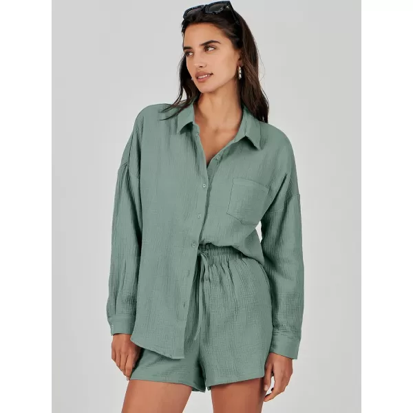 imageANRABESS 2 Piece Outfits For Women Linen Sets Long Sleeve Button Down Oversized Shirts Lounge Matching Short SetsGreen