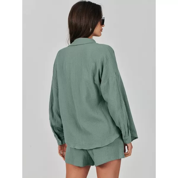 imageANRABESS 2 Piece Outfits For Women Linen Sets Long Sleeve Button Down Oversized Shirts Lounge Matching Short SetsGreen