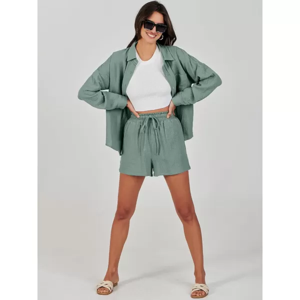 imageANRABESS 2 Piece Outfits For Women Linen Sets Long Sleeve Button Down Oversized Shirts Lounge Matching Short SetsGreen