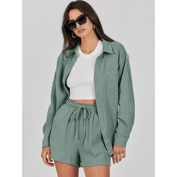 imageANRABESS 2 Piece Outfits For Women Linen Sets Long Sleeve Button Down Oversized Shirts Lounge Matching Short SetsGreen