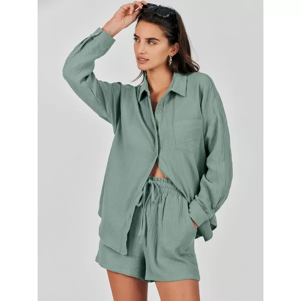 imageANRABESS 2 Piece Outfits For Women Linen Sets Long Sleeve Button Down Oversized Shirts Lounge Matching Short SetsGreen