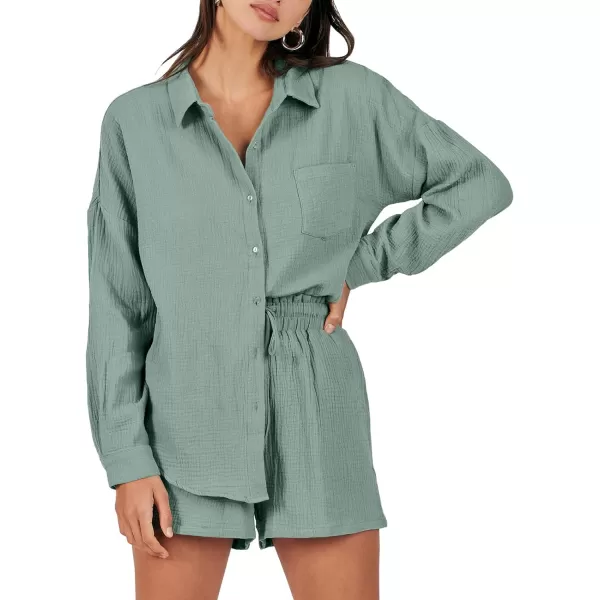 imageANRABESS 2 Piece Outfits For Women Linen Sets Long Sleeve Button Down Oversized Shirts Lounge Matching Short SetsGreen