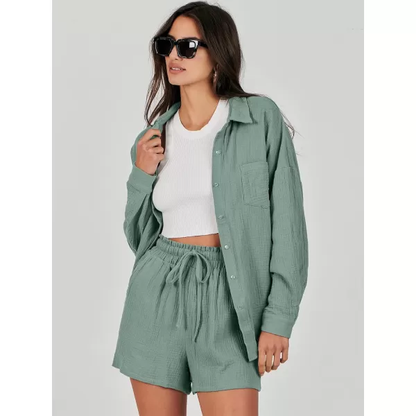 imageANRABESS 2 Piece Outfits For Women Linen Sets Long Sleeve Button Down Oversized Shirts Lounge Matching Short SetsGreen