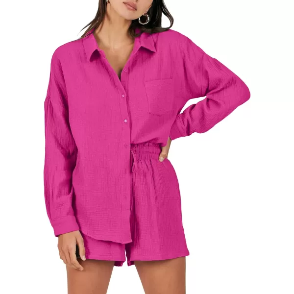 imageANRABESS 2 Piece Outfits For Women Linen Sets Long Sleeve Button Down Oversized Shirts Lounge Matching Short SetsHot Pink