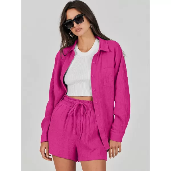 imageANRABESS 2 Piece Outfits For Women Linen Sets Long Sleeve Button Down Oversized Shirts Lounge Matching Short SetsHot Pink