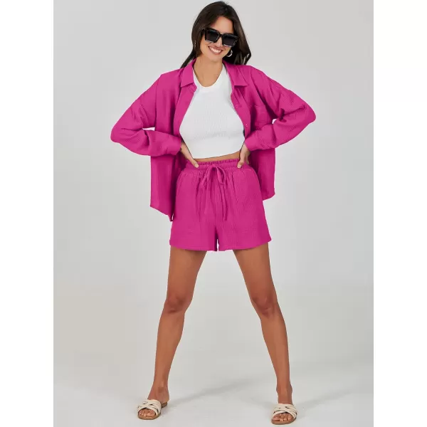 imageANRABESS 2 Piece Outfits For Women Linen Sets Long Sleeve Button Down Oversized Shirts Lounge Matching Short SetsHot Pink