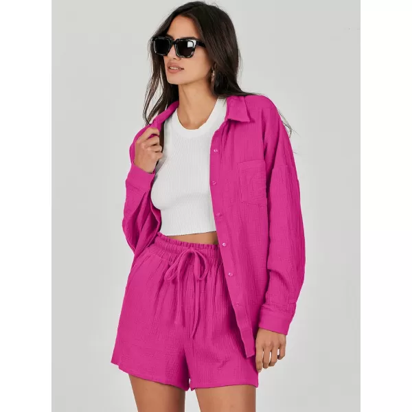 imageANRABESS 2 Piece Outfits For Women Linen Sets Long Sleeve Button Down Oversized Shirts Lounge Matching Short SetsHot Pink