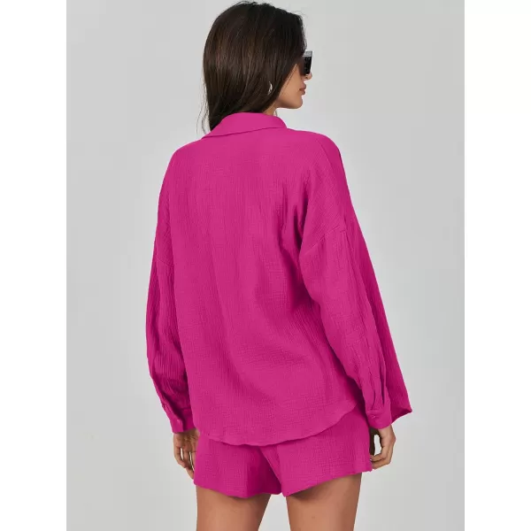 imageANRABESS 2 Piece Outfits For Women Linen Sets Long Sleeve Button Down Oversized Shirts Lounge Matching Short SetsHot Pink