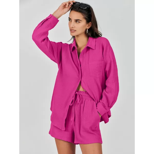 imageANRABESS 2 Piece Outfits For Women Linen Sets Long Sleeve Button Down Oversized Shirts Lounge Matching Short SetsHot Pink