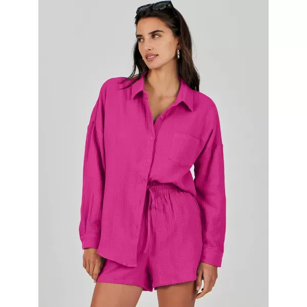 imageANRABESS 2 Piece Outfits For Women Linen Sets Long Sleeve Button Down Oversized Shirts Lounge Matching Short SetsHot Pink
