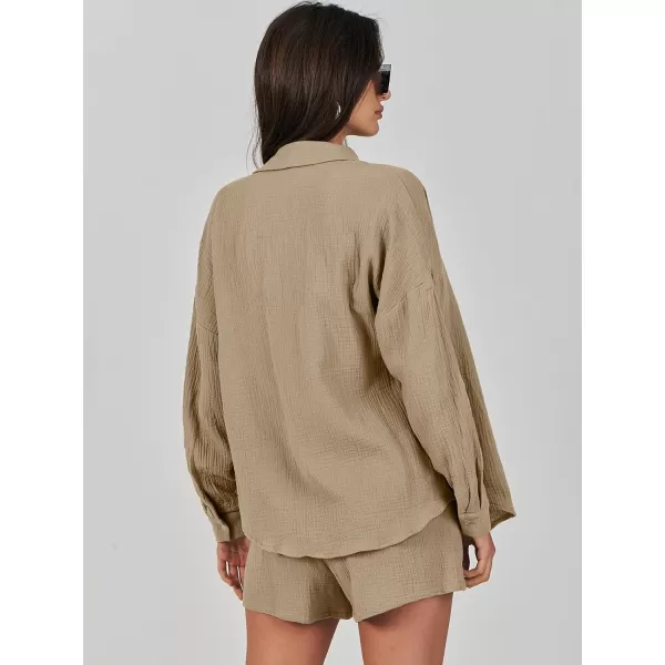imageANRABESS 2 Piece Outfits For Women Linen Sets Long Sleeve Button Down Oversized Shirts Lounge Matching Short SetsKhaki