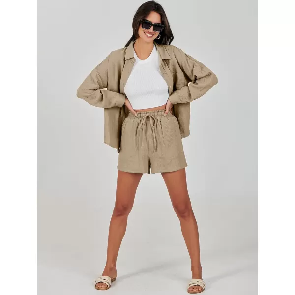 imageANRABESS 2 Piece Outfits For Women Linen Sets Long Sleeve Button Down Oversized Shirts Lounge Matching Short SetsKhaki
