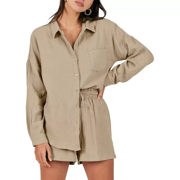 imageANRABESS 2 Piece Outfits For Women Linen Sets Long Sleeve Button Down Oversized Shirts Lounge Matching Short SetsKhaki