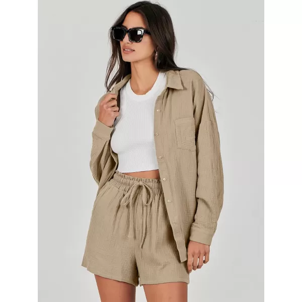 imageANRABESS 2 Piece Outfits For Women Linen Sets Long Sleeve Button Down Oversized Shirts Lounge Matching Short SetsKhaki