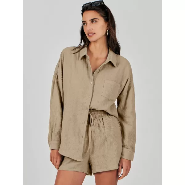 imageANRABESS 2 Piece Outfits For Women Linen Sets Long Sleeve Button Down Oversized Shirts Lounge Matching Short SetsKhaki