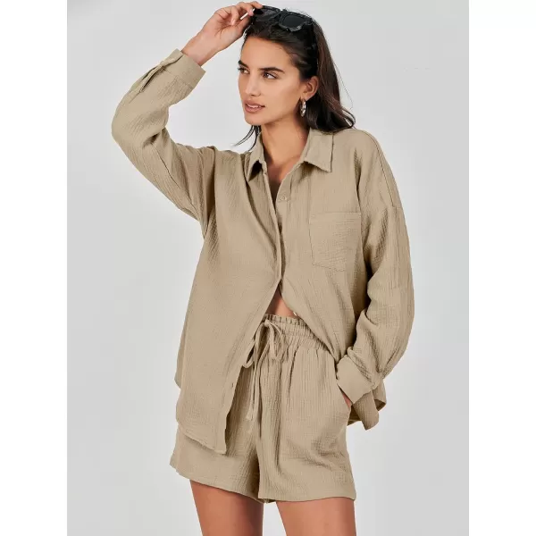 imageANRABESS 2 Piece Outfits For Women Linen Sets Long Sleeve Button Down Oversized Shirts Lounge Matching Short SetsKhaki
