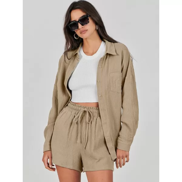 imageANRABESS 2 Piece Outfits For Women Linen Sets Long Sleeve Button Down Oversized Shirts Lounge Matching Short SetsKhaki