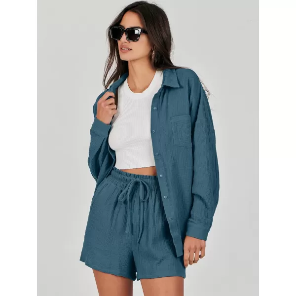 imageANRABESS 2 Piece Outfits For Women Linen Sets Long Sleeve Button Down Oversized Shirts Lounge Matching Short SetsLake