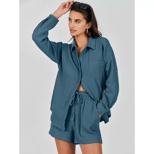 imageANRABESS 2 Piece Outfits For Women Linen Sets Long Sleeve Button Down Oversized Shirts Lounge Matching Short SetsLake