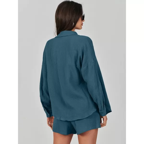 imageANRABESS 2 Piece Outfits For Women Linen Sets Long Sleeve Button Down Oversized Shirts Lounge Matching Short SetsLake